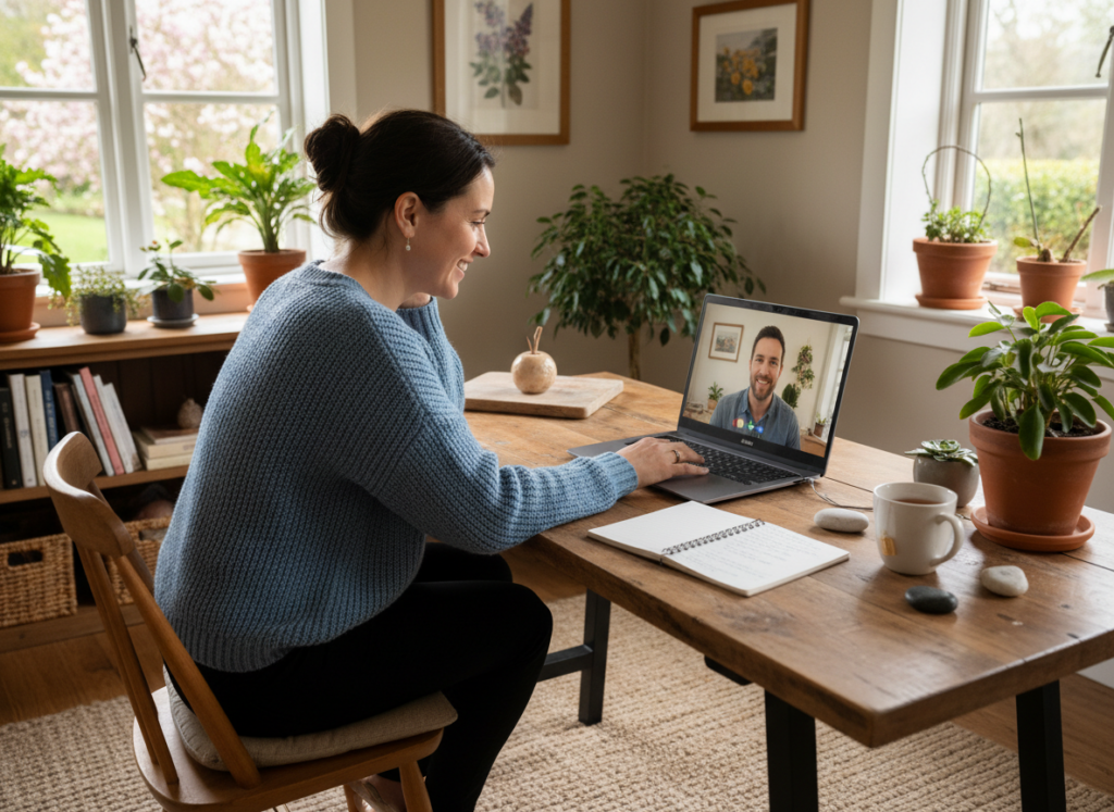 KCNH graduate conducting a virtual consultation from a home office workspace.