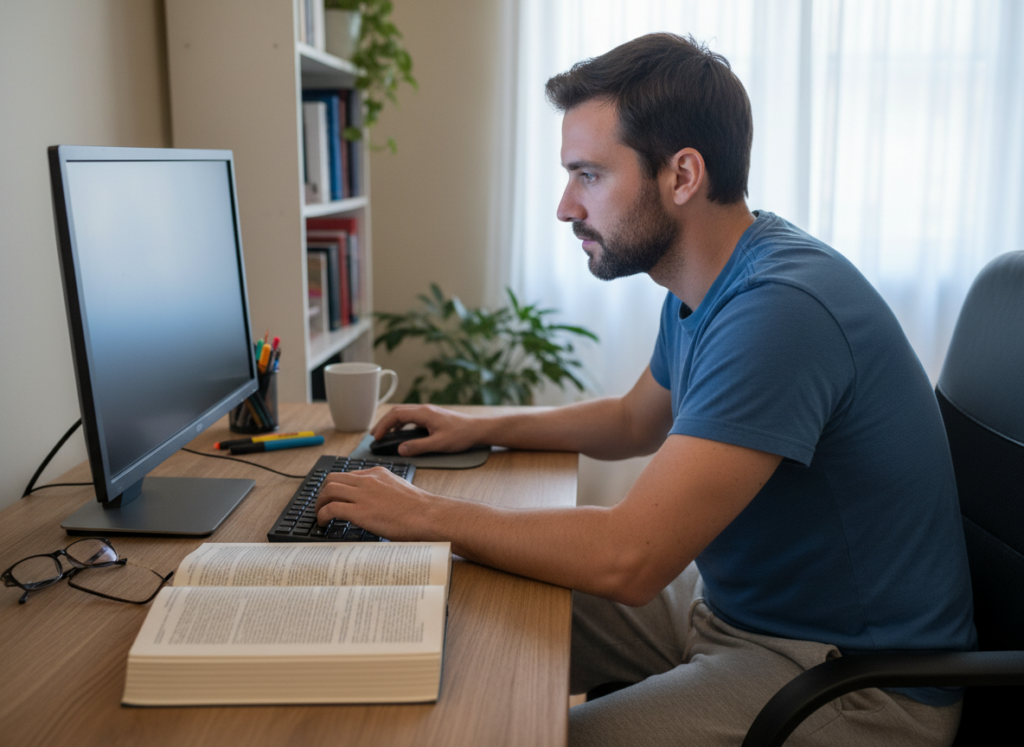 KCNH student preparing for the AHPLEX Exam through online doctoral study at a home office desk.