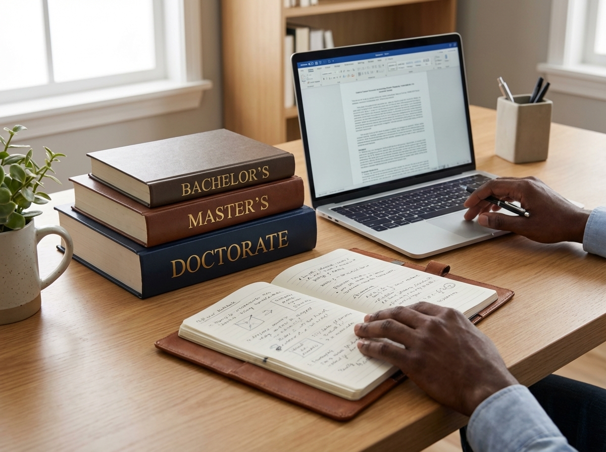 Textbooks labeled bachelor’s, master’s, and doctorate representing academic progression in KCNH bachelor’s to doctoral degree programs.