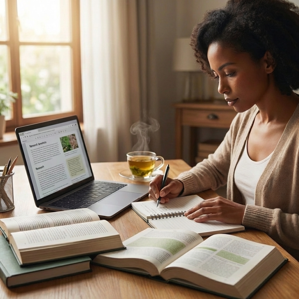Natural health student writing research notes during KCNH bachelor’s to doctoral degree programs study session.
