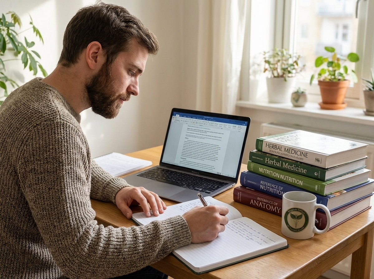 Natural health student studying herbal medicine and nutrition materials in KCNH bachelor’s to doctoral degree programs.