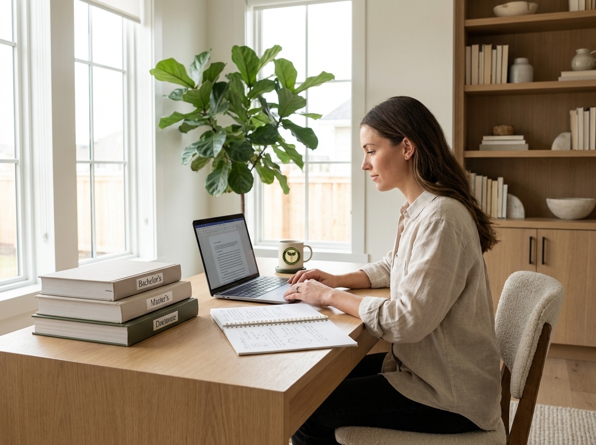 Online natural health student studying with bachelor’s master’s and doctorate books representing KCNH bachelor’s to doctoral degree programs.