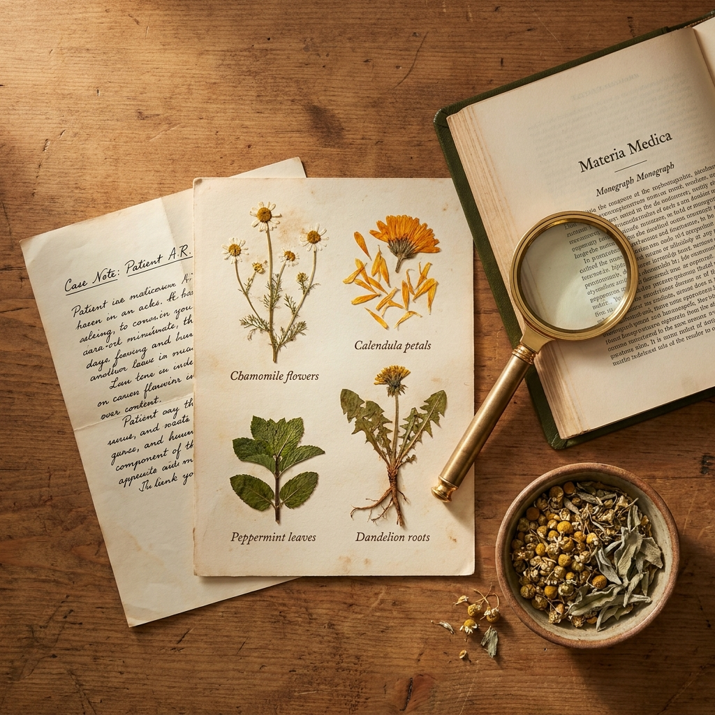 Still life of botanical reference card with dried herbs, leather monograph, and brass magnifier on a warm wooden study surface in KCNH palette.