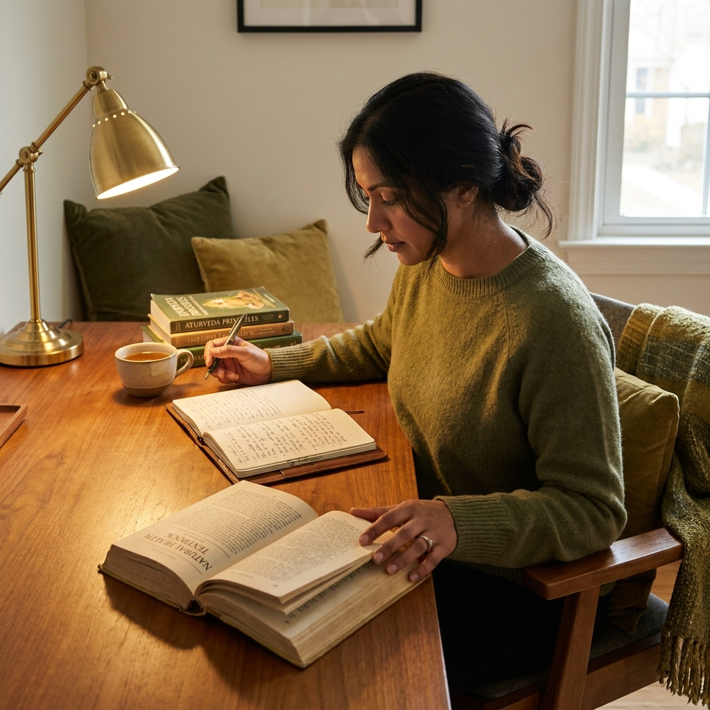 Adult naturopathic student studying alone at a home desk with reference texts and a notebook in warm afternoon light, KCNH palette.