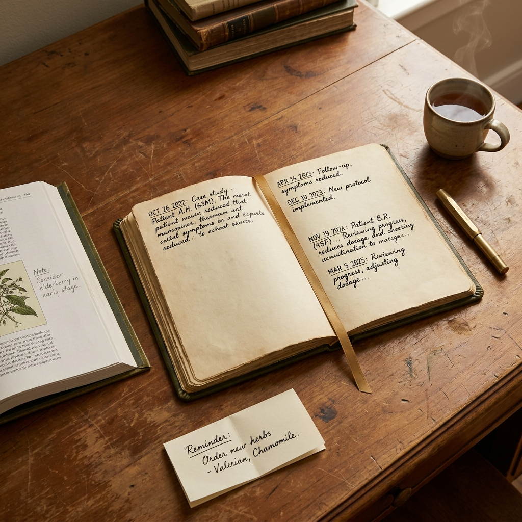 Open practitioner's leather notebook on a wooden desk showing dated entries across multiple years, fountain pen and reference texts beside it, KCNH palette.