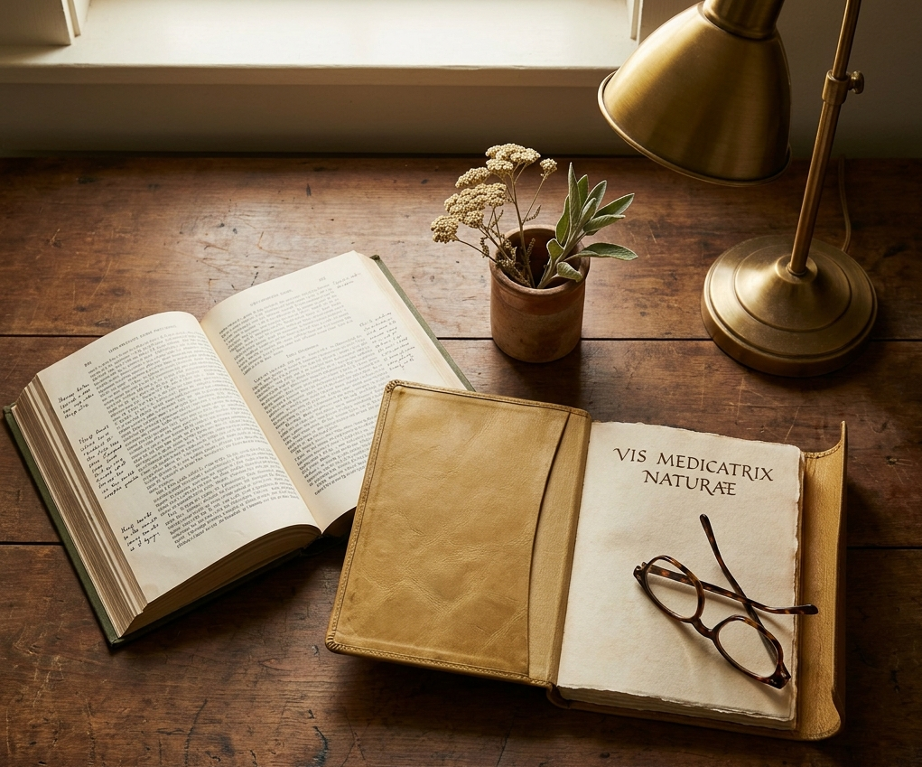 Scholar's desk with open textbook, leather journal showing Vis Medicatrix Naturae, brass lamp and dried herbs, KCNH visual register.