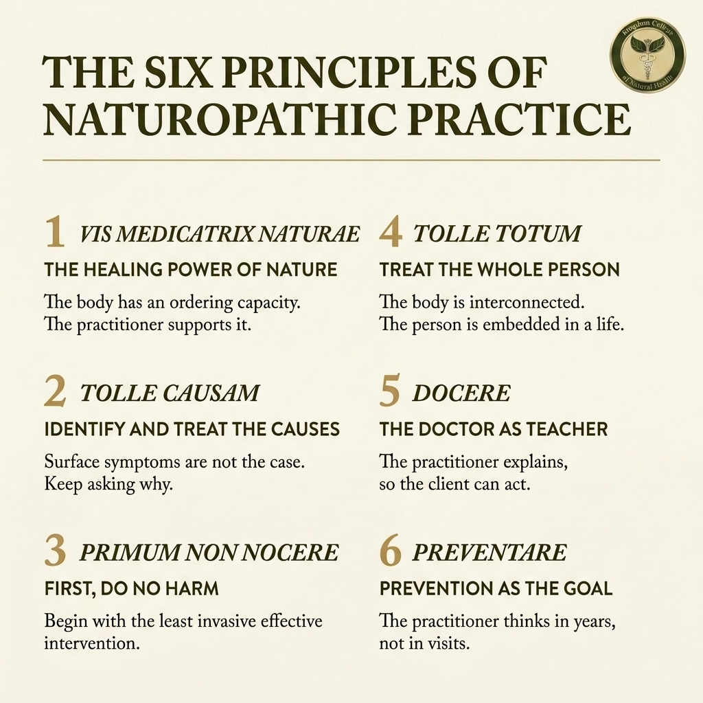 Quick-reference card listing the six principles of naturopathic practice in Latin and English with one-line descriptors, KCNH palette.