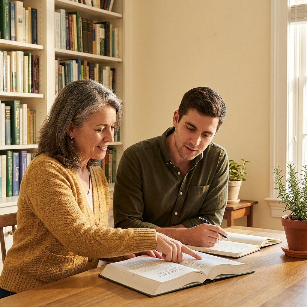 Academic Phytotherapy Study and Mentorship Experienced herbalist and doctoral student studying a phytotherapy reference together.