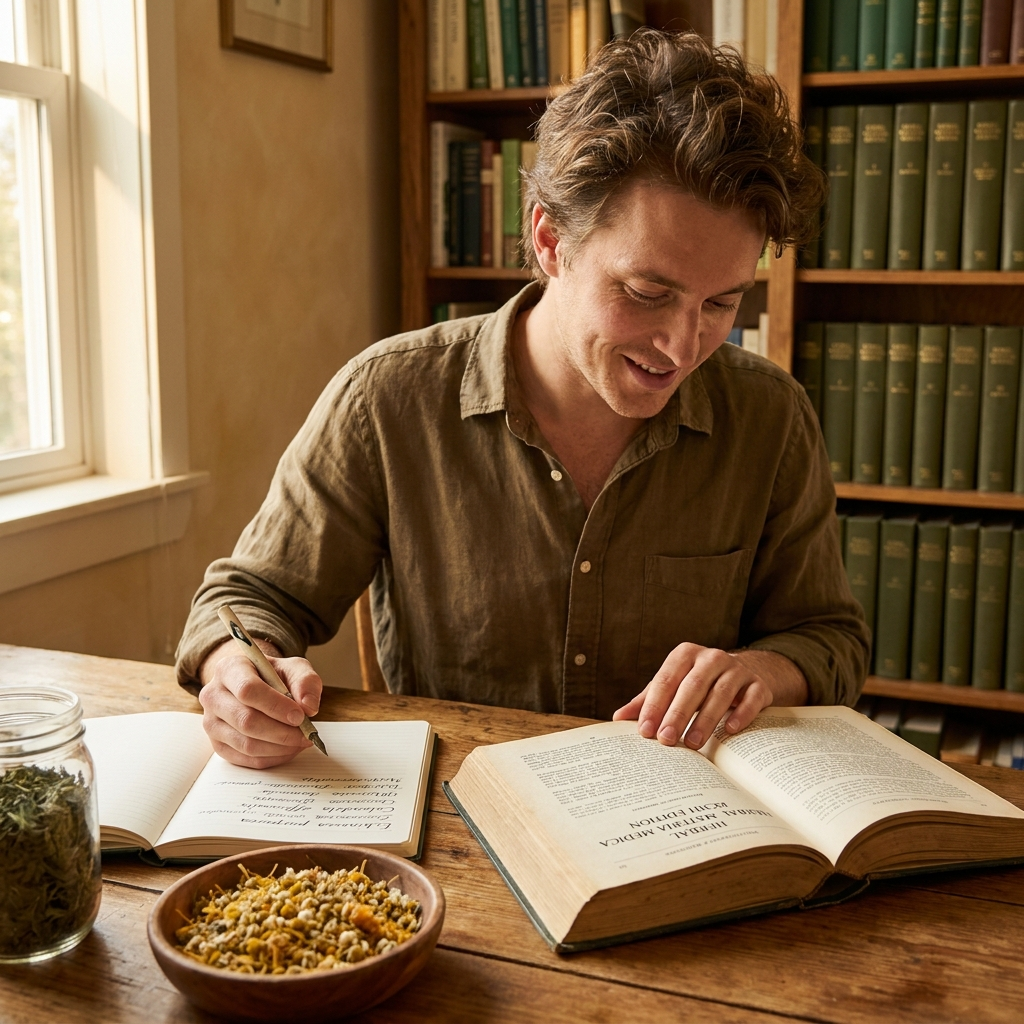Doctoral phytotherapy student studying herbal reference books and dried specimens.