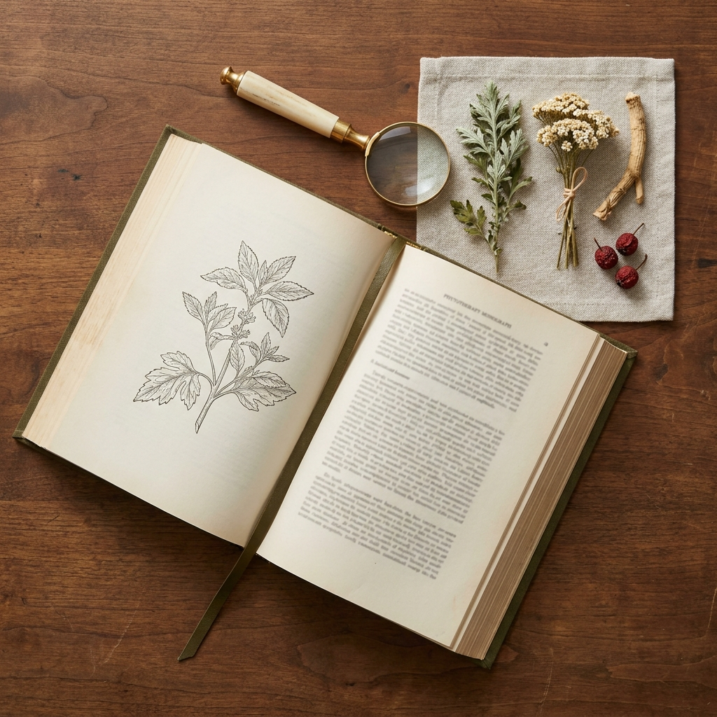 Open phytotherapy monograph with dried herb specimens and magnifying lens. Open phytotherapy monograph with dried herb specimens and magnifying lens.