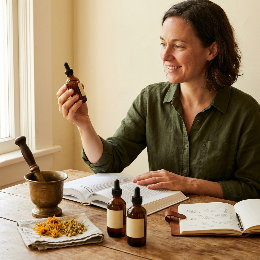 Herbal Preparation Form and Clinical Decision-Making Herbalist reviewing a phytotherapy monograph with tinctures and dried herbs.