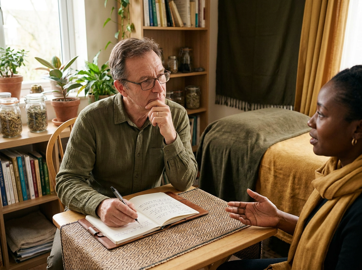 Gathering the Whole History Natural health practitioner listening as a client shares their history during a whole-person case analysis.