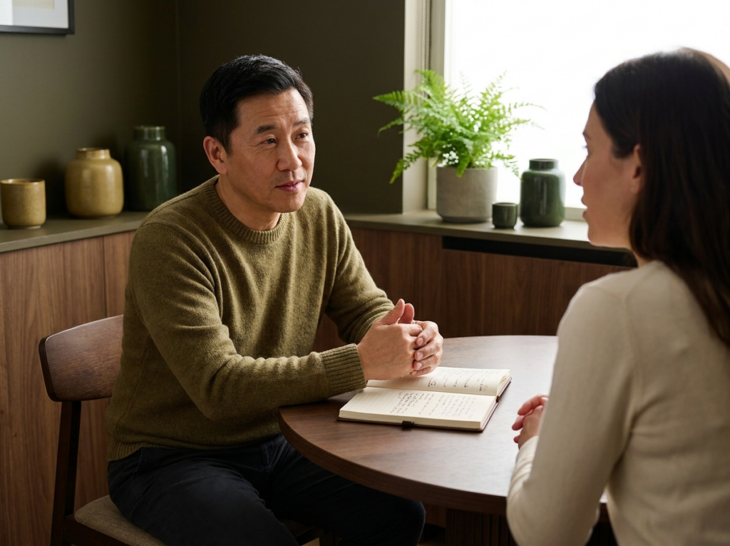 Natural health practitioner listening as a client describes their history during a whole-person consultation.