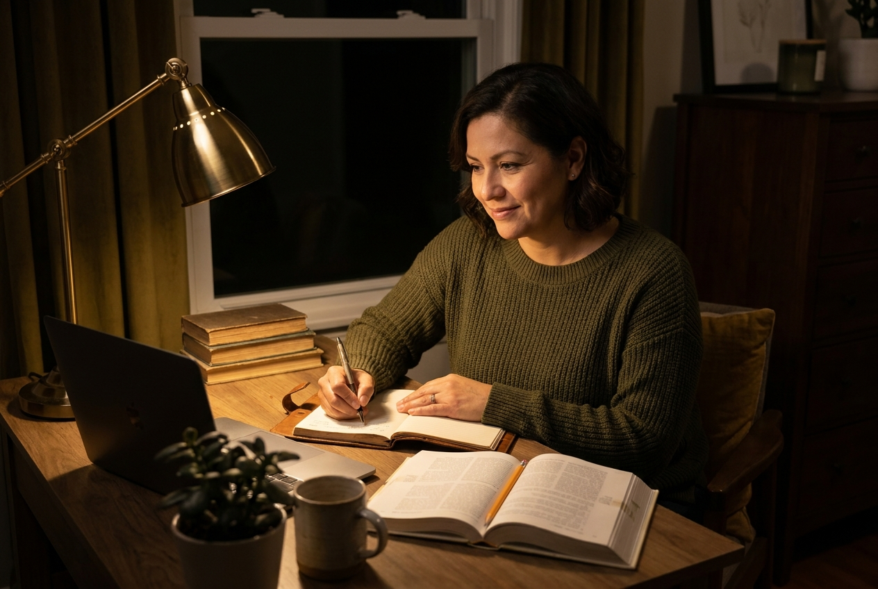 Writing the Reasoning Down Where It Can Be Examined Doctoral student writing a case analysis in longhand under warm lamplight, a reference text open beside her notebook.