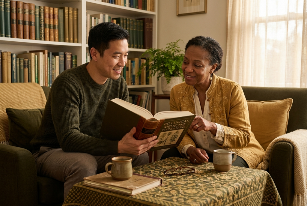 Two natural health graduates in conversation over an open reference text in a home library with soft daylight.