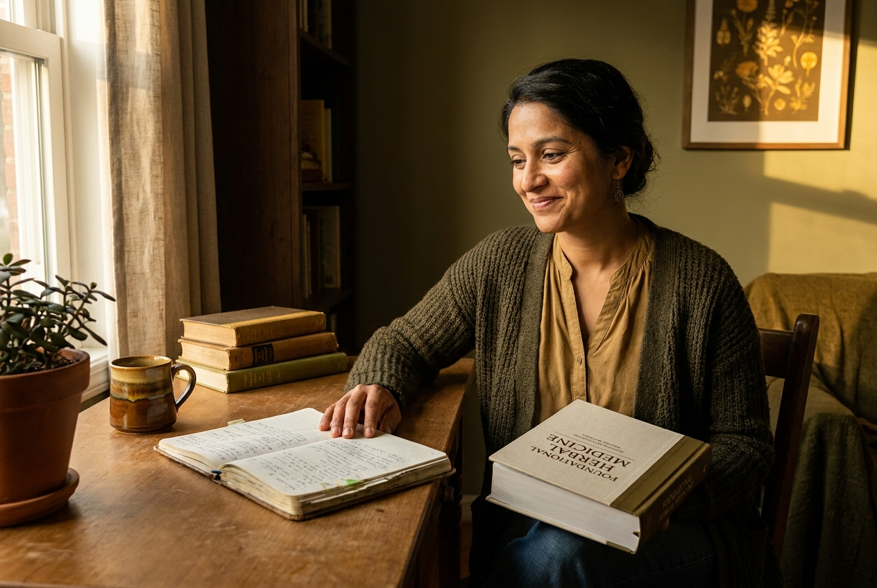 A Student Working Through the Principle in a Case : Natural health student at a home desk marking a case notebook beside an open foundational text in warm afternoon light.