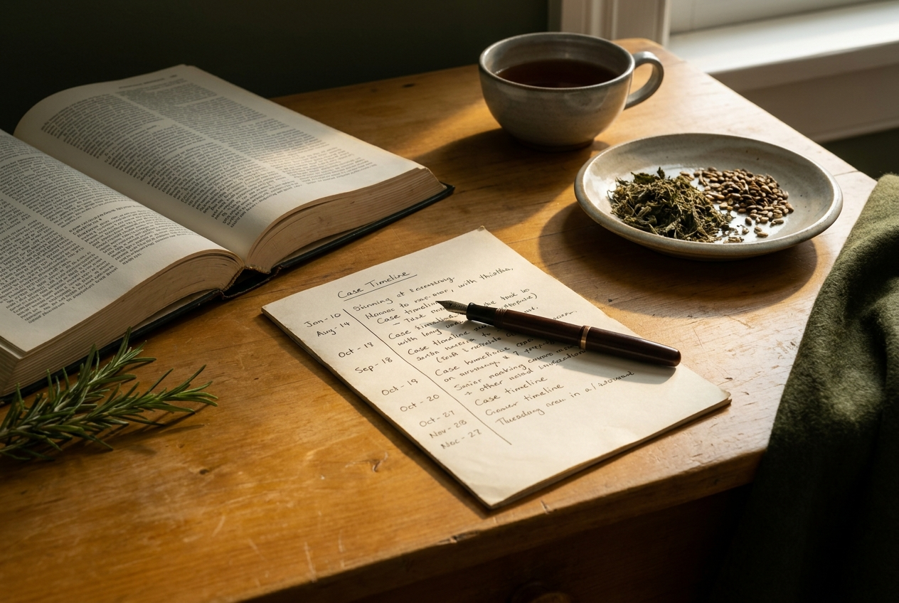 Where the Evidence and the Case Meet on One Desk Study desk with an open physiology text, a handwritten case timeline, a fountain pen, and dried herbs.