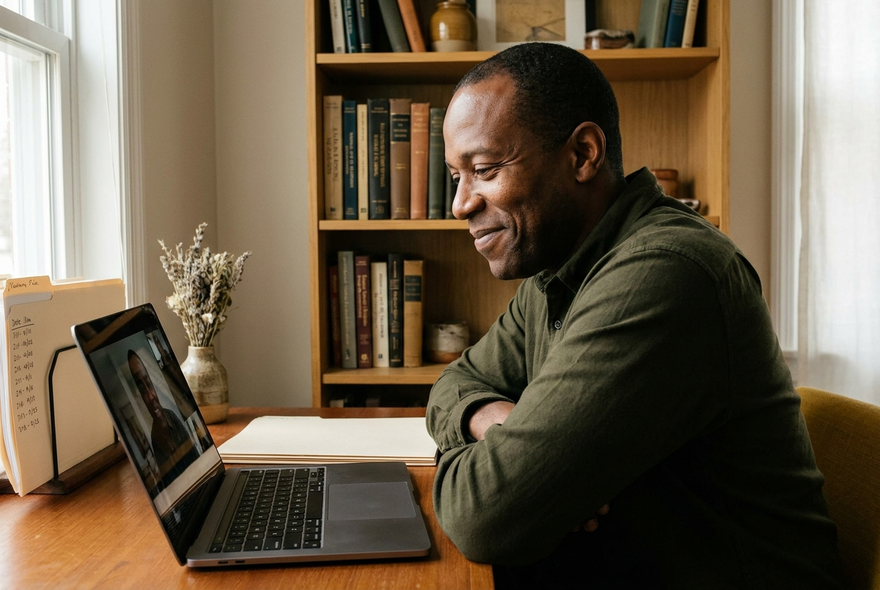 Drawing Out the Recovery History Practitioner listening during a one-to-one video consultation while adding dates to a handwritten case timeline on his desk.