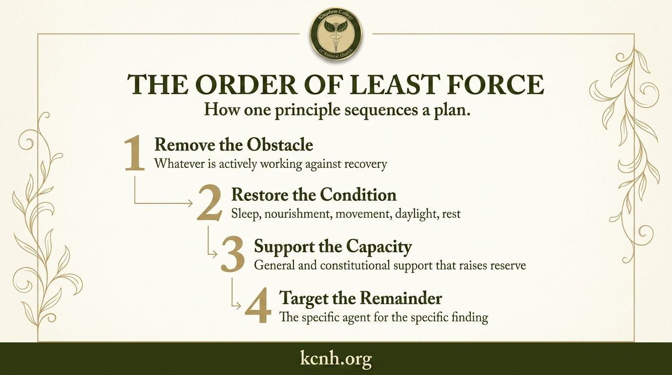 The Order of Least Force in Four Stages Four-stage infographic: remove the obstacle, restore the condition, support the capacity, target the remainder.