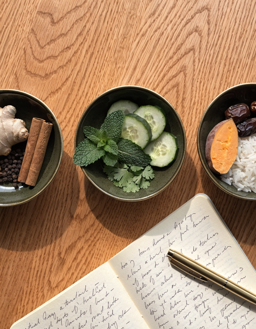 The Qualities Behind the Doshas Overhead view of warming, cooling, and grounding foods and herbs in three olive bowls beside a notebook.